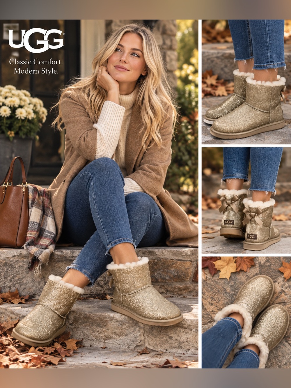 UGG Mini Bailey Bow Sparkle Boots in Gold